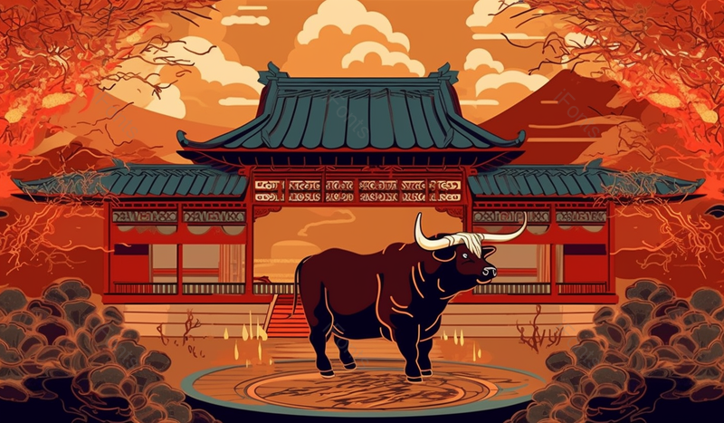 红色中国风建筑牛年风景插画,插画/手绘图,插画/手绘图库,插画/手绘图下载,插画/手绘